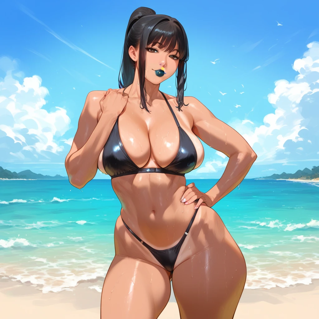 mixed_artwork style, 1 girl, standing alone, hands, beautiful woman, Asian, thick, Straight bangs, red ponytail hair, black skin, black lipstick, black bikini, fitness body, realistic, textures, 8K, perfect hand, perfect anatomy, visible curves, Breasts, In the water , beach body totally sweaty, Profile 