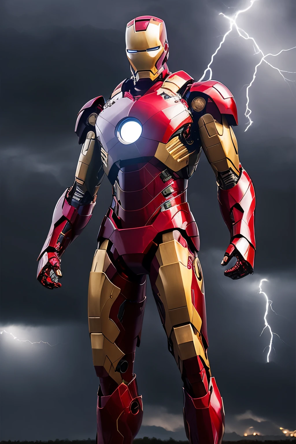 ((best quality)), ((masterpiece)), (detaile), the iron man(light metalic blue color suite), shooting mode, random pose,realism futuristic suite(fullbody), there is a thunder and lightnings at nights