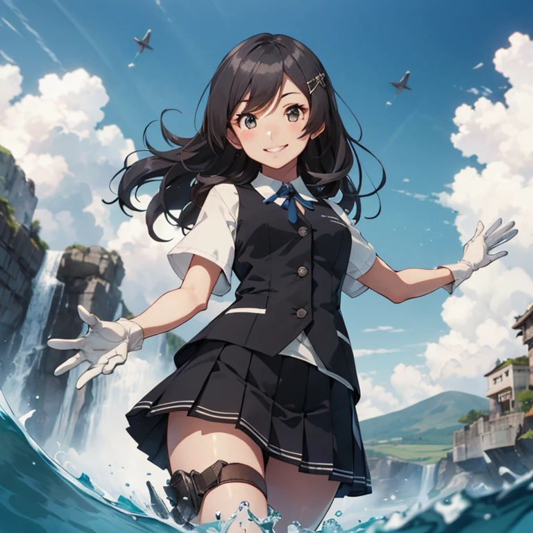 oyashio,hairclip,black vest,white shirt,blue ribbon,neck ribbon,short sleeves,black skirt,pleated skirt,white gloves,(masterpiece:1.4),(best quality:1.4), (amazing), (great illustration:1.4), (ultra-detailed:1.4), art CG,8K,KonishiCSA,1girl,solo,
competition swimsuit,(happy smile:1.4)
(An islands (floating:1.5) above the clouds), a river flowing from the center of the island, and a falling waterfall (looking down from directly above),
