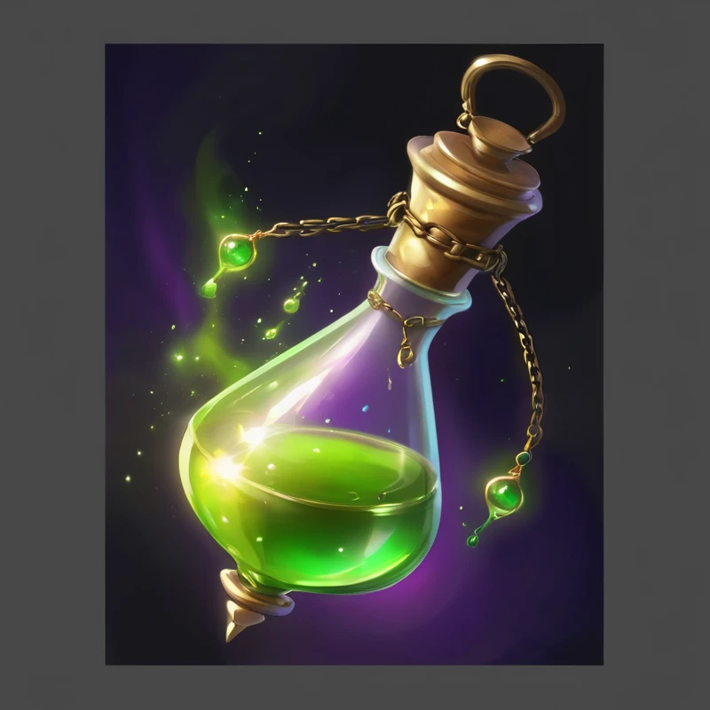 Green liquid in a glass bottle with a gold chain, painting of one health Potions, Potions of healing, Potions, magic Potionss, making a Potions, magical Potionss, glowing Potionss, Luminous oil, Fantasy game spell symbols, alchemy concept, health Potions, casting a spell on a Potions, Potionss, Rendering Art, Magic spell icon, Potions belt