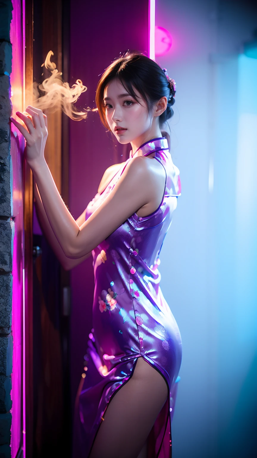 最好的quality，masterpiece，K，A girl，Wearing a purple cheongsam，Leaning against the wall，quality，smokes，neon，High light-dark contrast，Night?，Very detailed，Ultra-clear