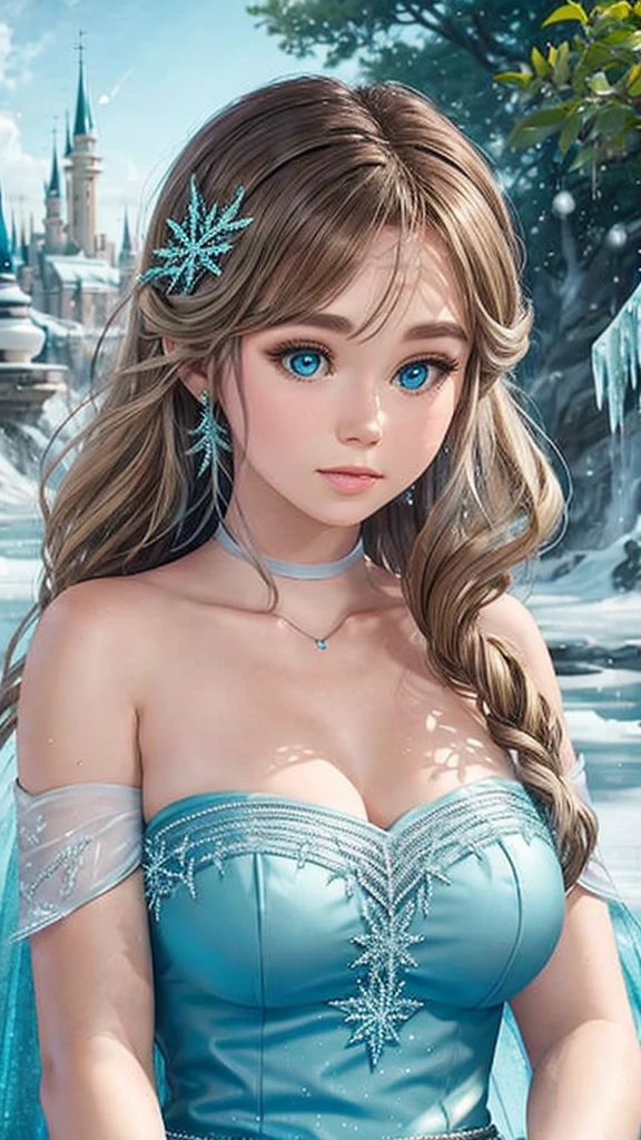 close-up of (Brec Bassinger) as Elsa from frozen sitting like a lady under a tree on the ice and looking at the sky, lots of details, beautiful, elsa from frozen, high quality, photo-realistic, octane render, unreal engine, ultra-realistic, (ice castle in background), (big breasts)