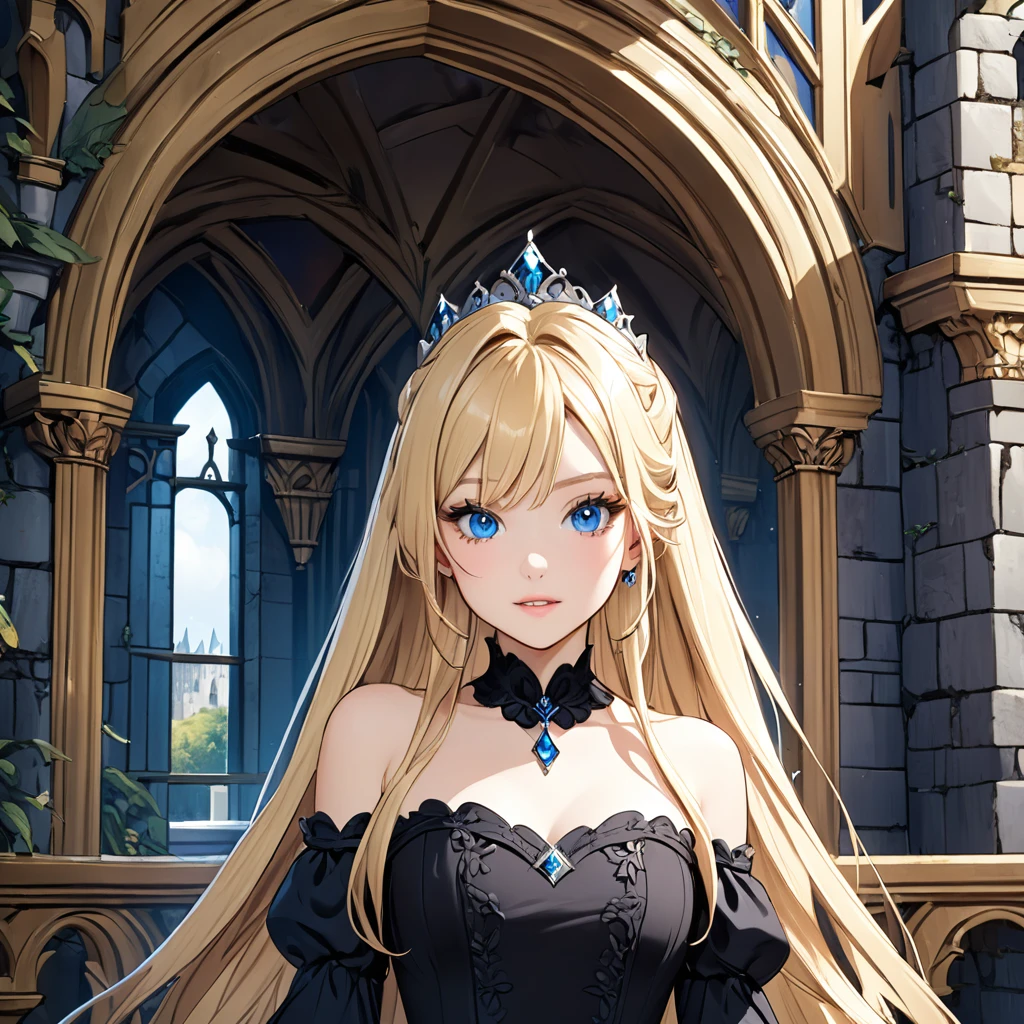 princess in a castle. blonde hair, blue eyes and black dress.