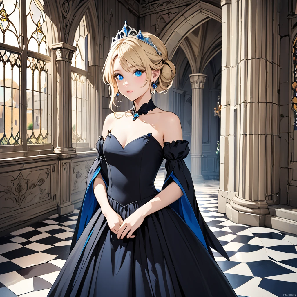 princess in a castle. blonde hair, blue eyes and black dress.