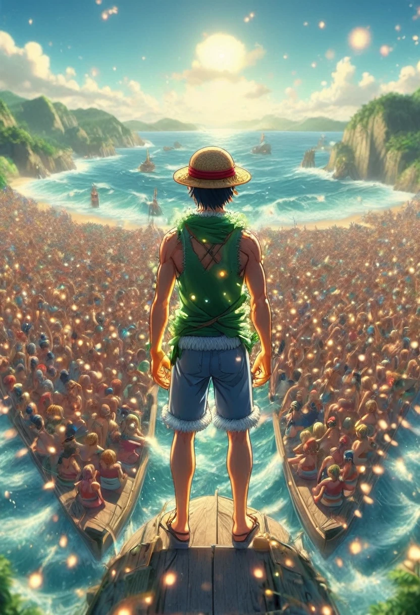 A vivid scene from One Piece. Depict dynamic moments with iconic characters like Luffy, Zoro, Or Nami,  While incorporating the adventurous spirit of One Piece、Everyone raises their fists towards the sea、Back view、backstyle、Famous scenes、Famous Scenes