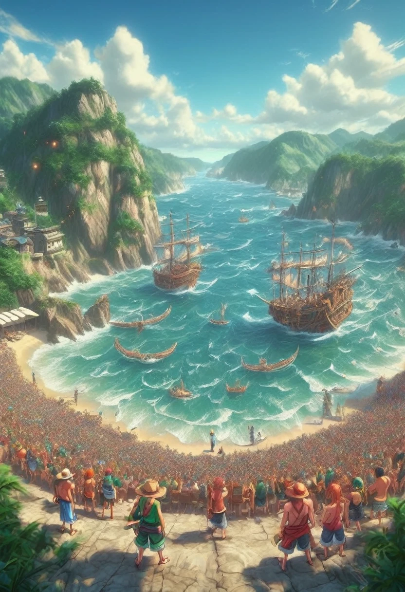 A vivid scene from One Piece. Depict dynamic moments with iconic characters like Luffy, Zoro, Or Nami,  While incorporating the adventurous spirit of One Piece、Everyone raises their fists towards the sea、Back view、backstyle、Famous scenes、Famous Scenes