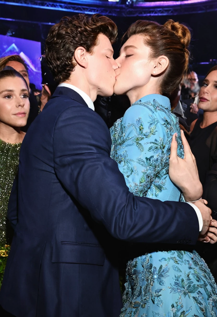 A man with short hair combed to the right side kissing a woman at the Oscars, red carpet, dress in black suit, bright black shoes, she with a long red dress, hair combed back, detailed and smooth skin, event lighting, image taken by a professional camera, 8k, 9:16, hdr, up close,