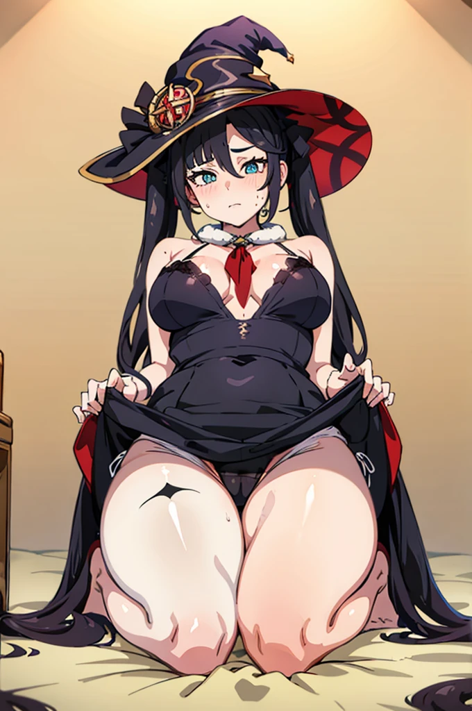 pigtails hair, sexy girl no clothes, big bobs , White background, sexy pantyhose, sweating a lot, witch hat, black panties