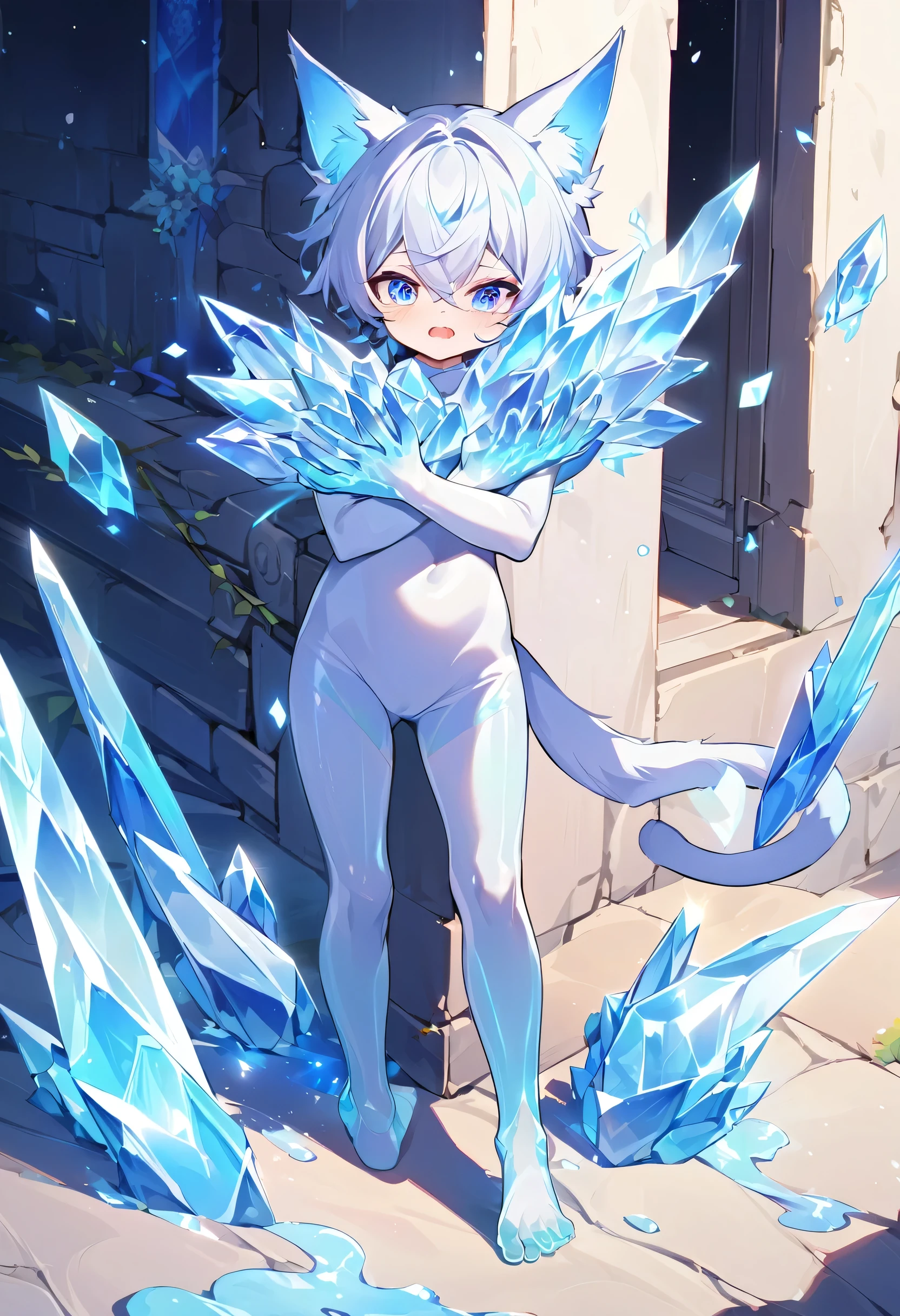 Little male cat,Boys,Has a tail,Lovely,Thin,struggle,eternal,crystallic,Blue slime,Feet turned into crystal,Hands turned into crystal,Crystal legs,Crystal feet,Crystal hands,illumination,freeze,Feet are frozen,charming,Boys ,BlueCrystal feet,Wear Tight Fit Clothes,plastic,Full body portrait,Smooth,Full body tight fit,Thin,Light blue gel coat,Full body gel coating,outdoor,naked,Small pants,Tight Fit,No clothes