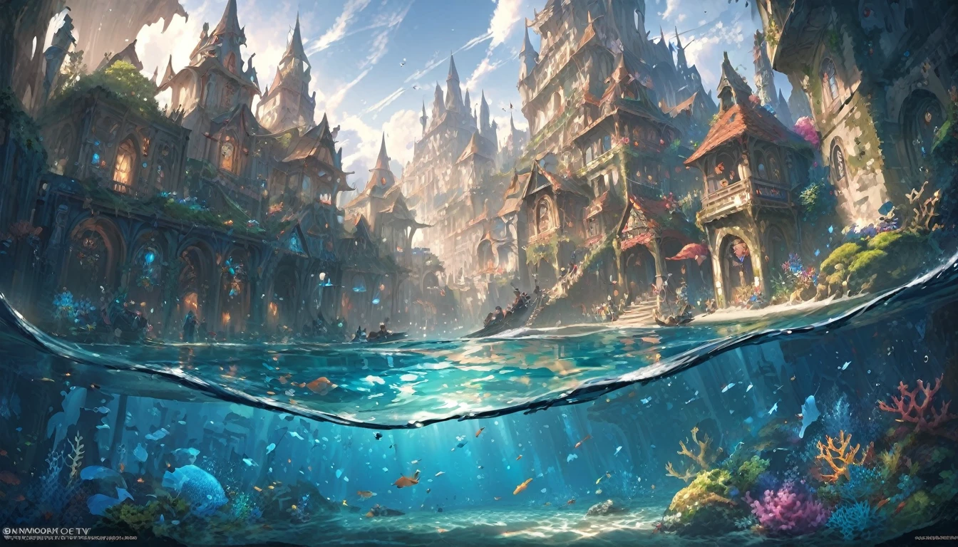 color (Fantasy: 1.2), (hayao miyazaki style), (Irregular buildings floating on the ocean floor), Patchwork Cottage, Moss decoration, Coral, Light, Concept art inspired by Andreas Rocha, Artstation Contest Winner, Fantasy art, (an underwater city), Ross Tran, Lightシャフト, Realistic lighting, masterpiece, high quality, Beautiful graphics, Attention to detail, masterpiece, high quality, Beautiful graphics, Attention to detail, 
