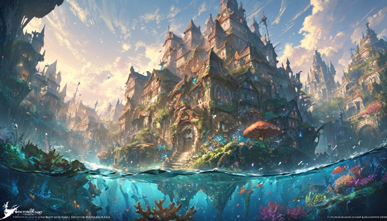 color (Fantasy: 1.2), (hayao miyazaki style), (Irregular buildings floating on the ocean floor), Patchwork Cottage, Moss decoration, Coral, Light, Concept art inspired by Andreas Rocha, Artstation Contest Winner, Fantasy art, (an underwater city), Ross Tran, Lightシャフト, Realistic lighting, masterpiece, high quality, Beautiful graphics, Attention to detail, masterpiece, high quality, Beautiful graphics, Attention to detail,