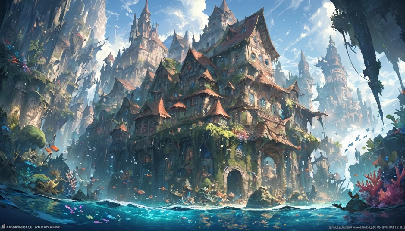 color (Fantasy: 1.2), (hayao miyazaki style), (Irregular buildings floating on the ocean floor), Patchwork Cottage, Moss decoration, Coral, Light, Concept art inspired by Andreas Rocha, Artstation Contest Winner, Fantasy art, (an underwater city), Ross Tran, Lightシャフト, Realistic lighting, masterpiece, high quality, Beautiful graphics, Attention to detail, masterpiece, high quality, Beautiful graphics, Attention to detail,