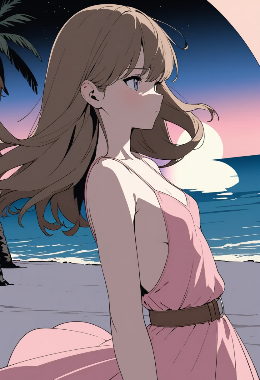 masterpiece, best quality, ultra detailed, 1girl, solo, flat color, cel shading, solid outline, ultra detailed face, rim lighting, upper body, very long brown hair, (small breasts:1.5), toned arms, pink summer dress, backless dress, brown belt, palm trees, tropical beach at night with a view of the galaxy, wind is blowing hard