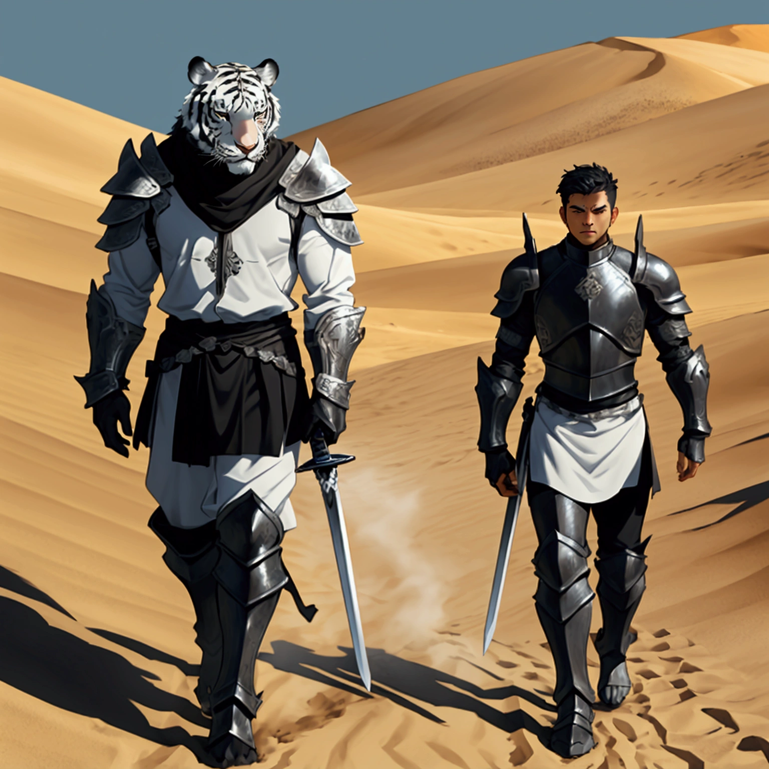 A dramatic image, a strong man with black armor and a large sword on his back a white tiger next to him walking, he is walking on the desert sand walking away mid distance view
