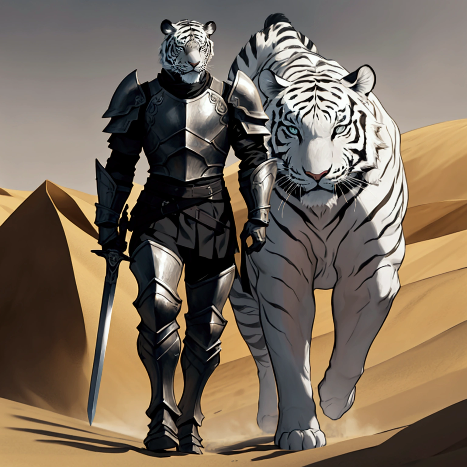 A dramatic image, a strong man with black armor and a large sword on his back a white tiger next to him walking, he is walking on the desert sand walking away mid distance view