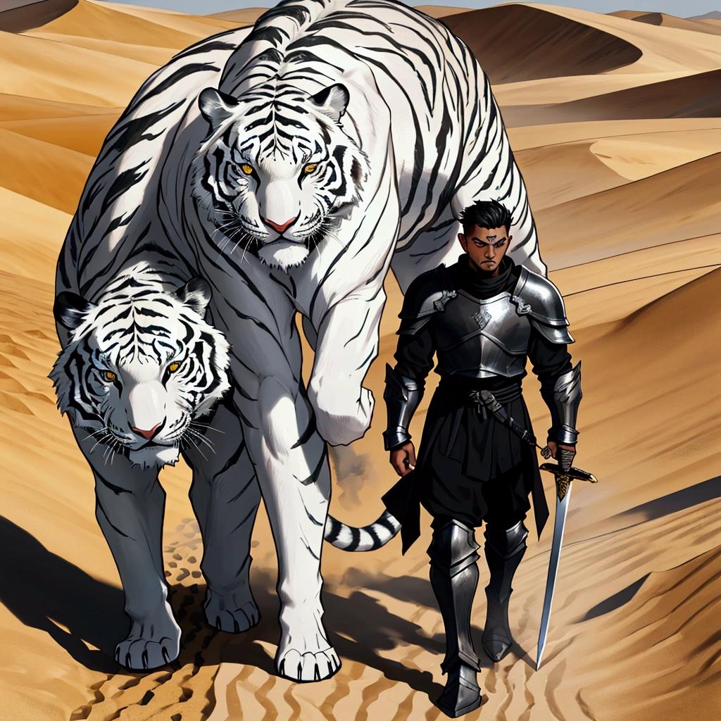 A dramatic image, a strong man with black armor and a large sword on his back a white tiger next to him walking, he is walking on the desert sand walking away mid distance view