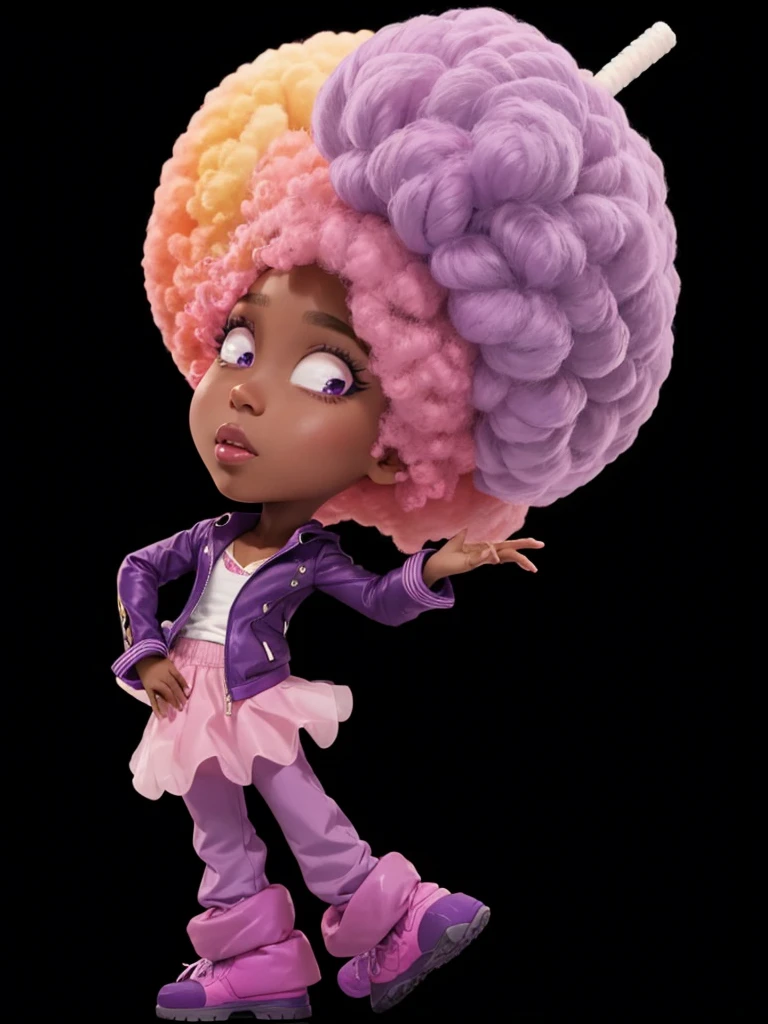 A , dark-skinned, with purple jacket, with purple pants, with pink skirt, with cotton candy afro hair