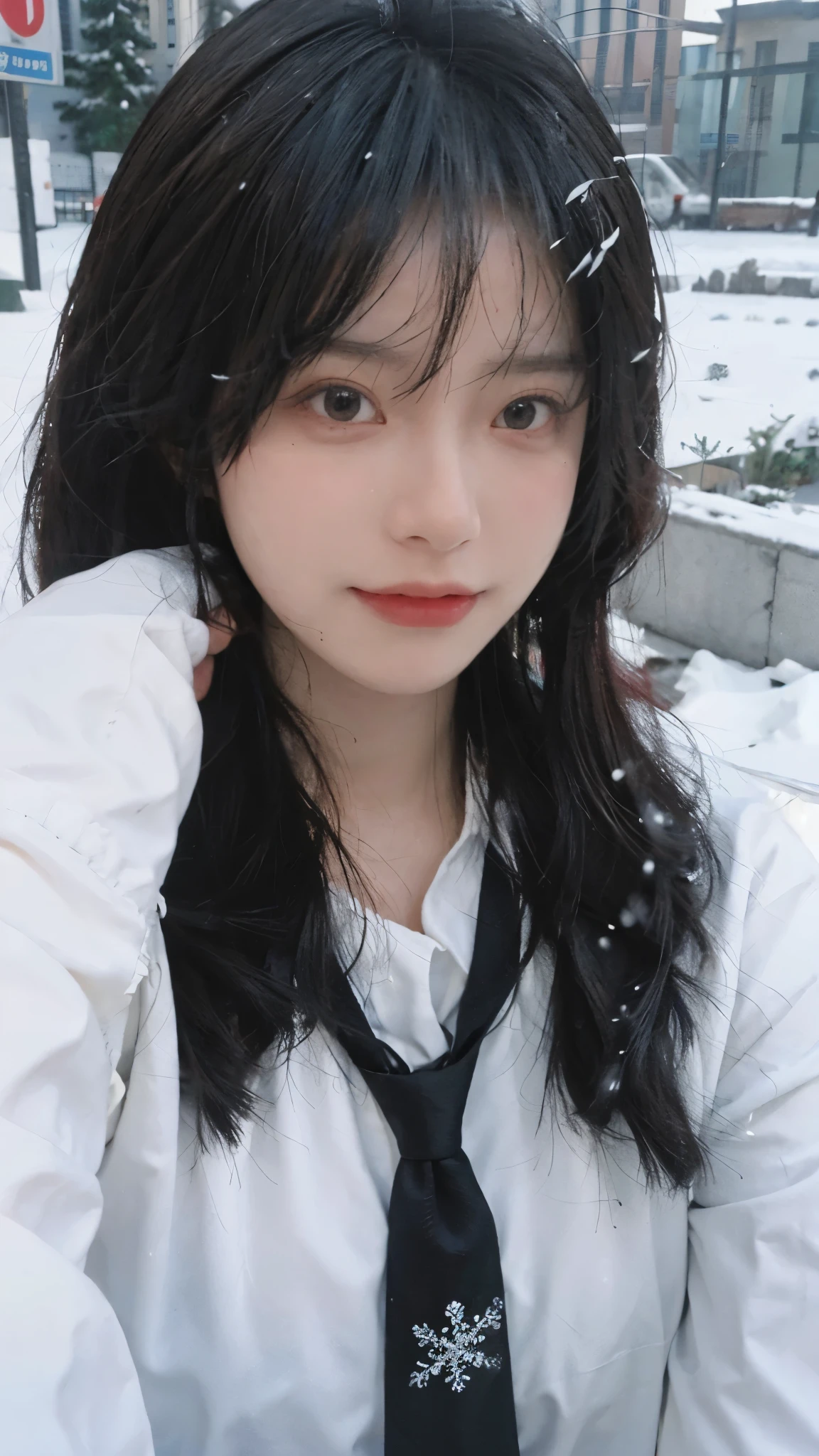 Best quality,masterpiece,Ultra-high resolution,snow,16K,Snow background,(Photo Realism:1.4),1 Girl,JK,Sexy,(Shirt and Tie:1.2),(Big breasts:2.3),(Upper body:1.4)