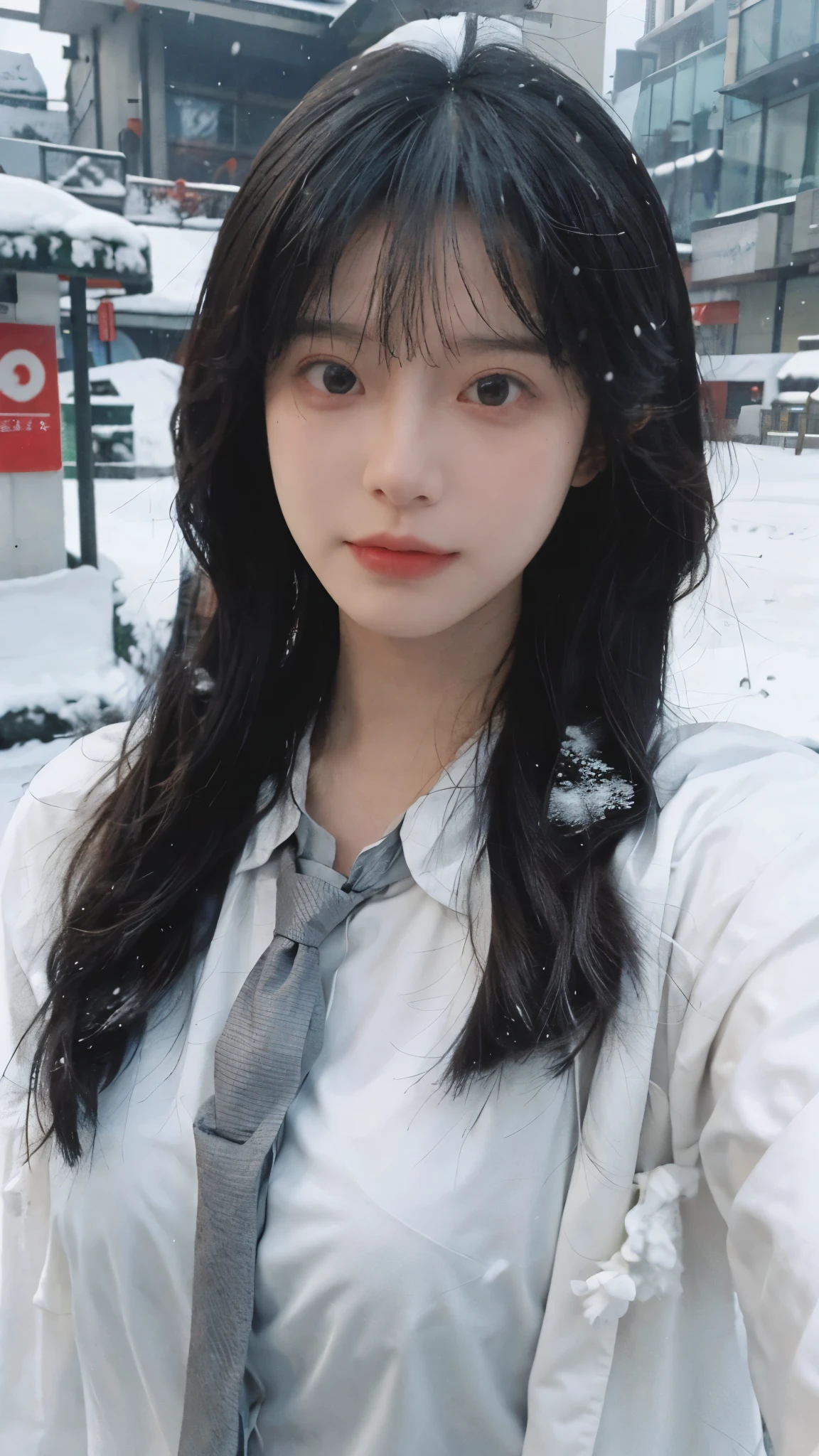 Best quality,masterpiece,Ultra-high resolution,snow,16K,Snow background,(Photo Realism:1.4),1 Girl,JK,Sexy,(Shirt and Tie:1.2),(Big breasts:2.3),(Upper body:1.4)