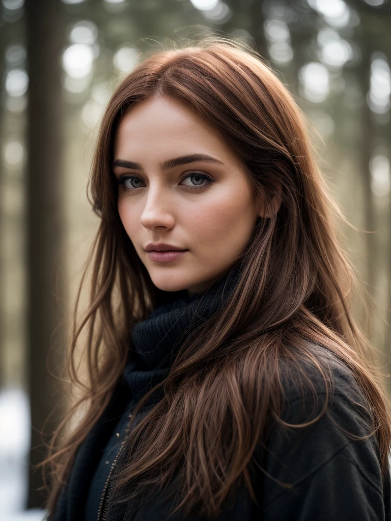 close up of a european woman, russet hair, winter forest, natural skin texture, 24mm, textures 4k, soft cinematic light, CRU photo, fotorrealism, photorrealistic, intricate, chic, highy detailed, sharp focus, ((((cinematic appearance)))), soft shades, insane details, intricate details, hyperdetailed, low-contrast, soft cinematic light, dark colours, Exposure Mix, HDR, missing