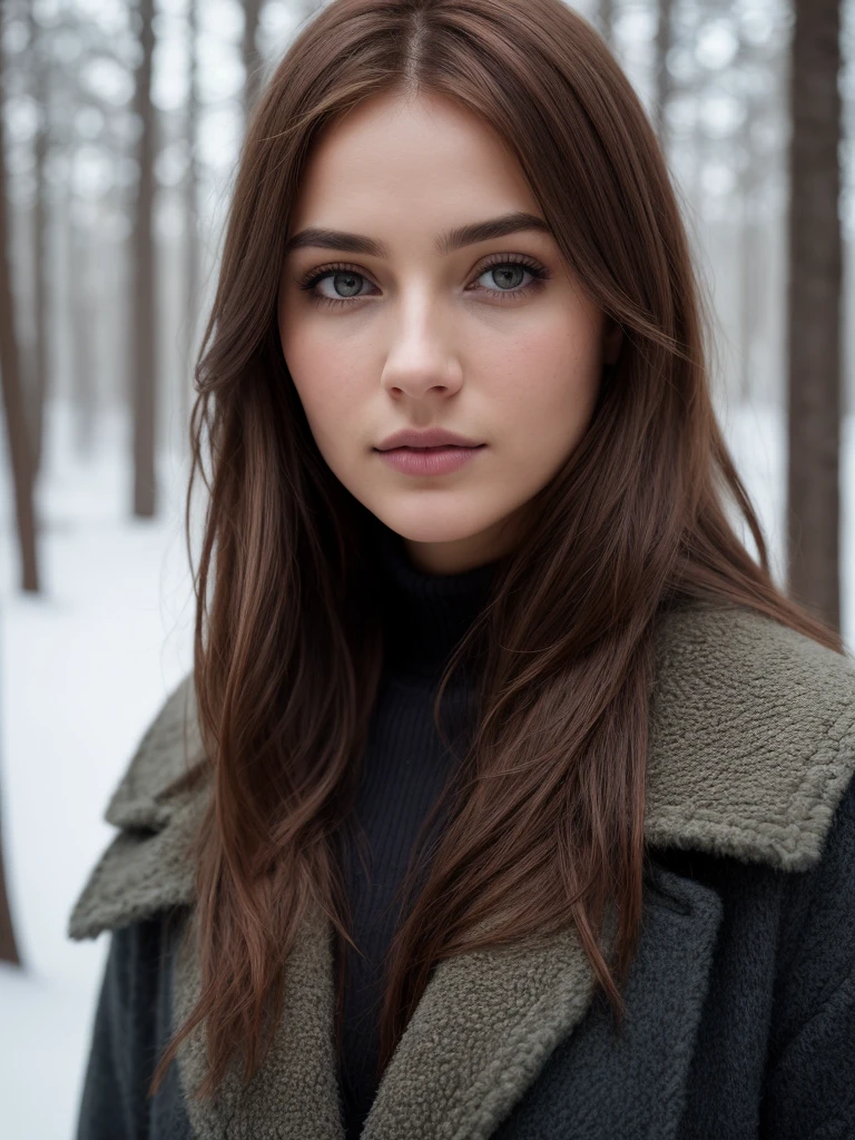 close up of a european woman, russet hair, winter forest, natural skin texture, 24mm, textures 4k, soft cinematic light, CRU photo, fotorrealism, photorrealistic, intricate, chic, highy detailed, sharp focus, ((((cinematic appearance)))), soft shades, insane details, intricate details, hyperdetailed, low-contrast, soft cinematic light, dark colours, Exposure Mix, HDR, missing