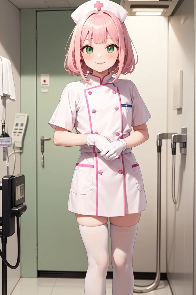 1boy, solo, male focus, nurse, white nurse cap, white nurse uniform, ((white legwear, zettai ryouiki)), white gloves, blunt bangs, pink hair, green eyes, drooping eyes, smile, standing, ((hospital room)), sharp outline, short sleeves, shota, , best quality, masterpiece