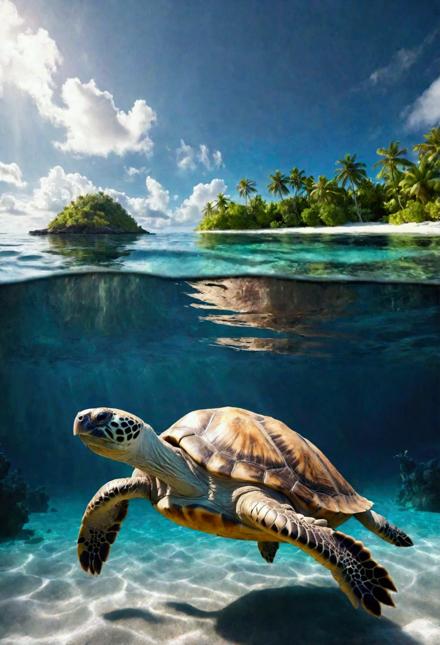 In a fantasy world ocean, an enormous tortoise swims leisurely in a calm ocean, there is an tropical island upon its back.