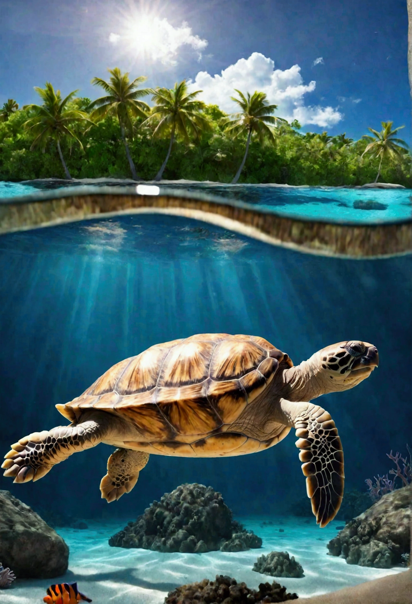 In a fantasy world ocean, an enormous tortoise swims leisurely in a calm ocean, there is an tropical island upon its back.