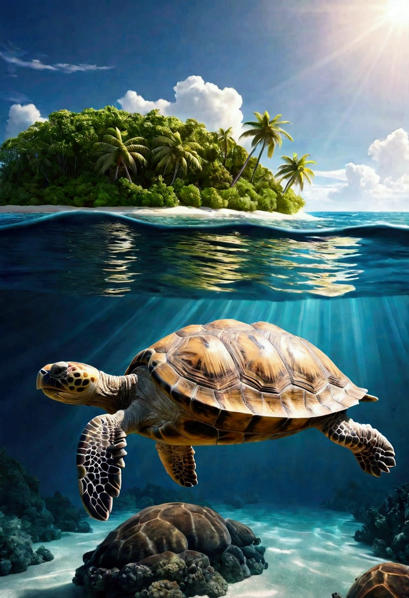 In a fantasy world ocean, an enormous tortoise swims leisurely in a calm ocean, there is an tropical island upon its back.