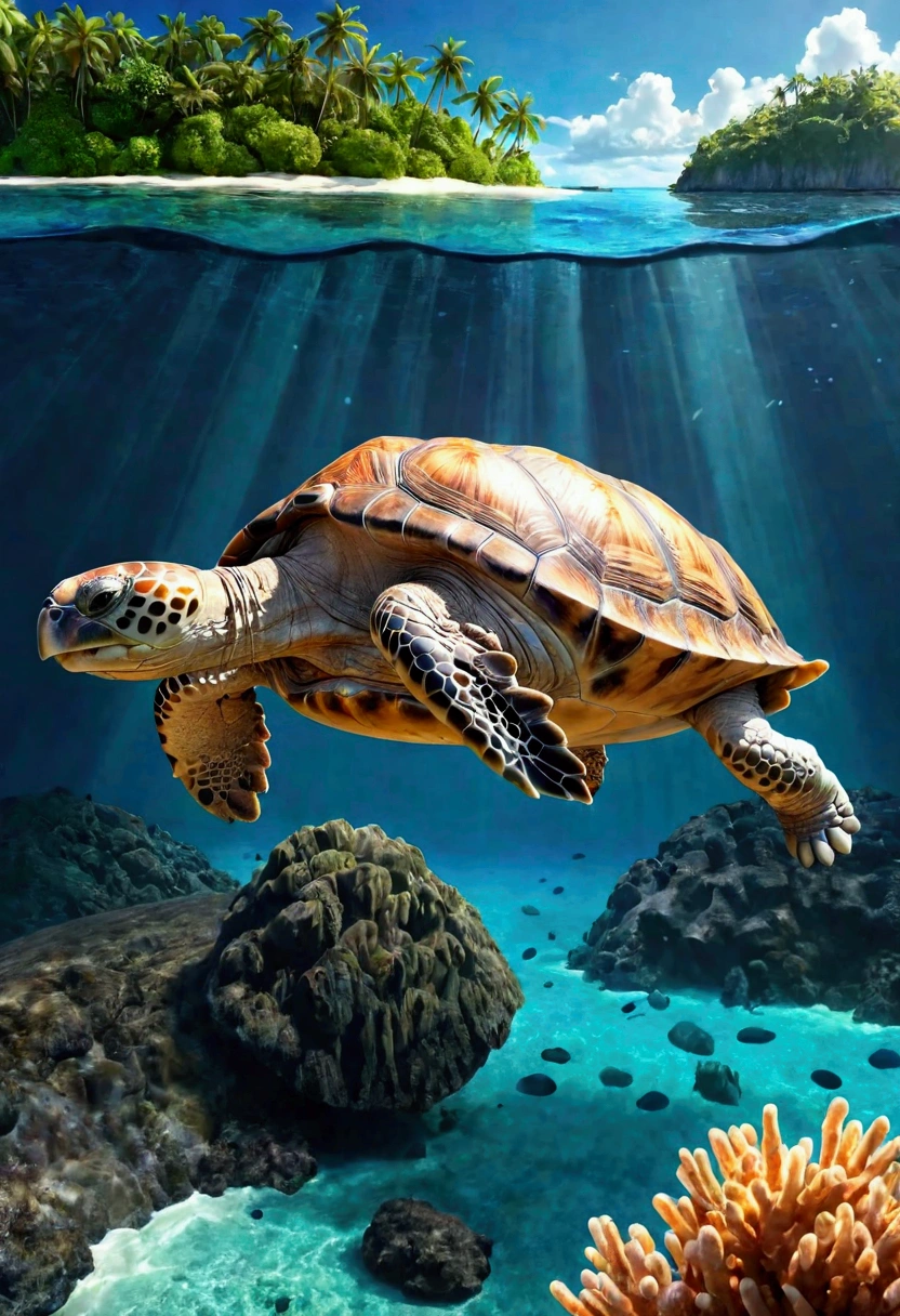 In a fantasy world ocean, an enormous tortoise swims leisurely in a calm ocean, there is an tropical island upon its back.
