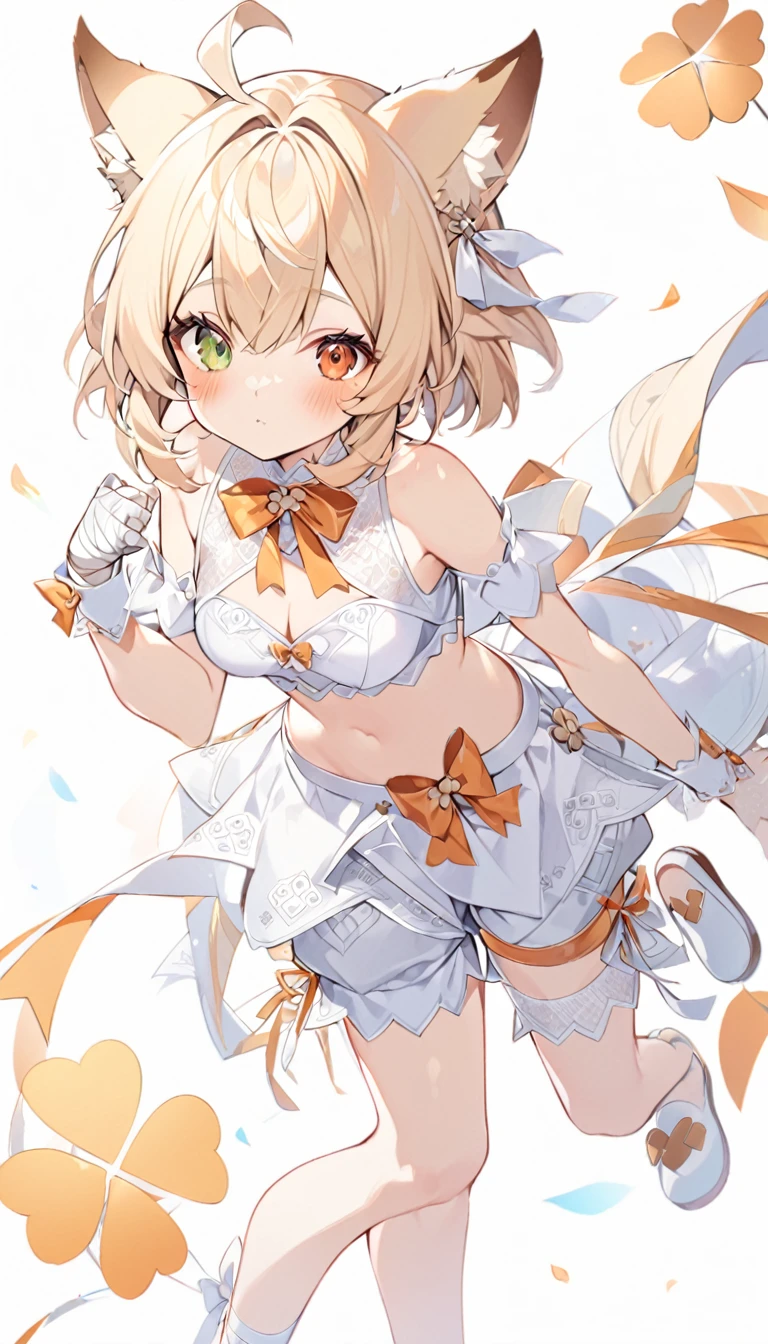 The fox girl,1girl,short hair, The hairstyle is like Klee's,animal ears, bangs, bare shoulders, blonde hair, blush, bow, breasts, white cleavage, cropped torso, , green eyes, hair ribbon, heterochromia, , looking at viewer, , orange bow, orange eyes, orange ribbon, ribbon, solo, , upper body, full-length, white legbands, white shoes with lace and white bows, white background, wrist cuffs, yellow eyes, bloomers, close-up, fair skin frills, lace, midriff, skirt, solo, , white background,shorts, white top with ribbon and lace and trousers,trousers, genshin,white slippers with a bow,All clothes are white, laceAt full height, it stands,bandaged hands, short hair , ankle lace-up, ankle ribbon, bow, leg ribbon, lineart, , shoes, , standing, , white bow, white footwear,