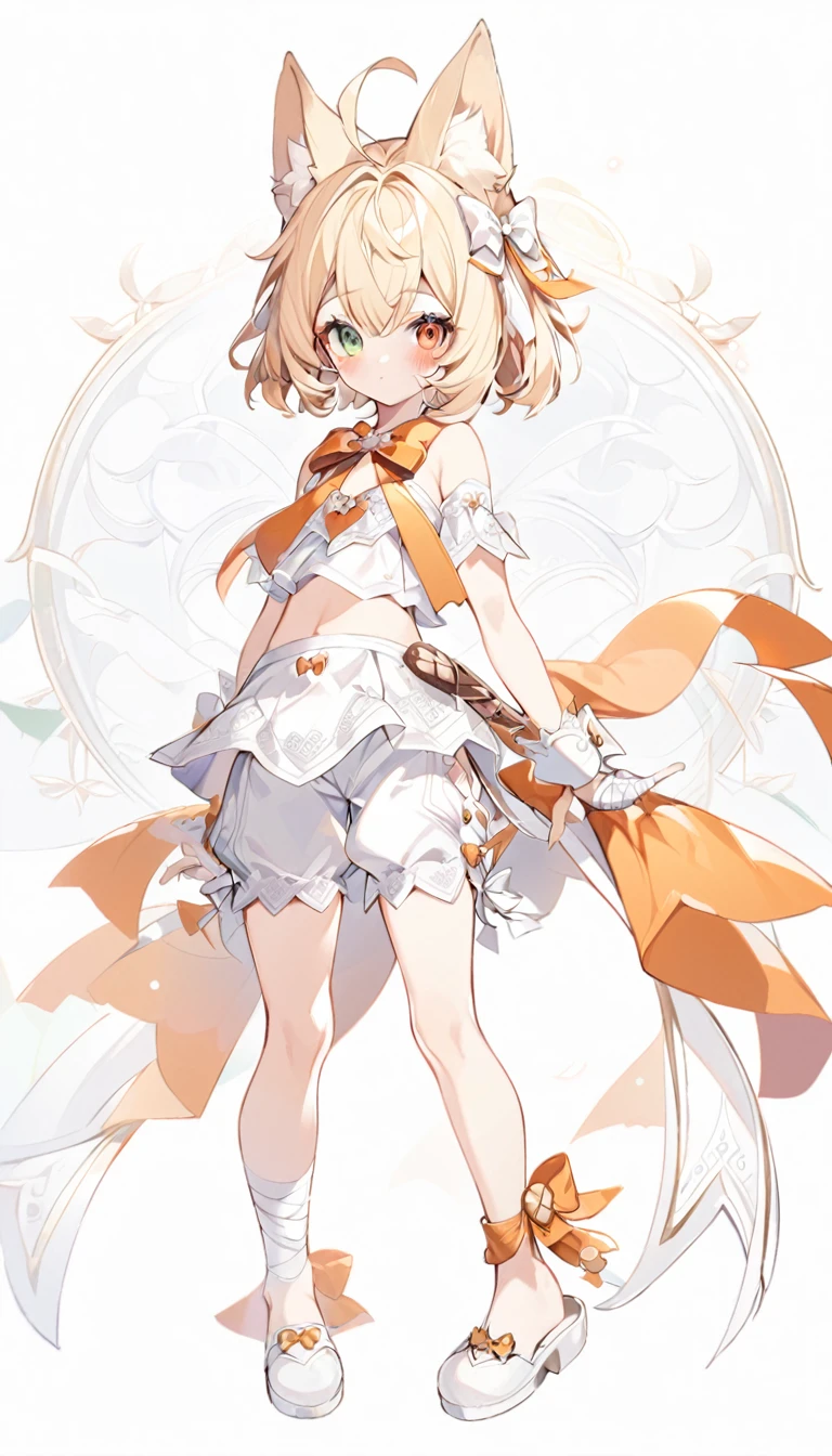 The fox girl,1girl,short hair, The hairstyle is like Klee's,animal ears, bangs, bare shoulders, blonde hair, blush, bow, breasts, white cleavage, cropped torso, , green eyes, hair ribbon, heterochromia, , looking at viewer, , orange bow, orange eyes, orange ribbon,  ribbon, solo, , upper body, full-length, white legbands, white shoes with lace and white bows, white background, wrist cuffs, yellow eyes, bloomers, close-up, fair skin frills, lace, midriff, skirt, solo, , white background,shorts, white top with ribbon and lace and trousers,trousers, genshin,white slippers with a bow,All clothes are white, laceAt full height, it stands,bandaged hands, short hair , ankle lace-up, ankle ribbon, bow, leg ribbon, lineart, , shoes, , standing, , white bow, white footwear,
