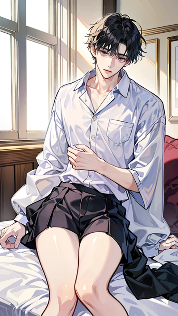 college student couple、Lovers、black hair girl、cute、droopy eyes、hug、tall man、Handsome guy、detailed face、バックhug、pajamas、white clothes、A woman sits on a man&#39;s lap、smile