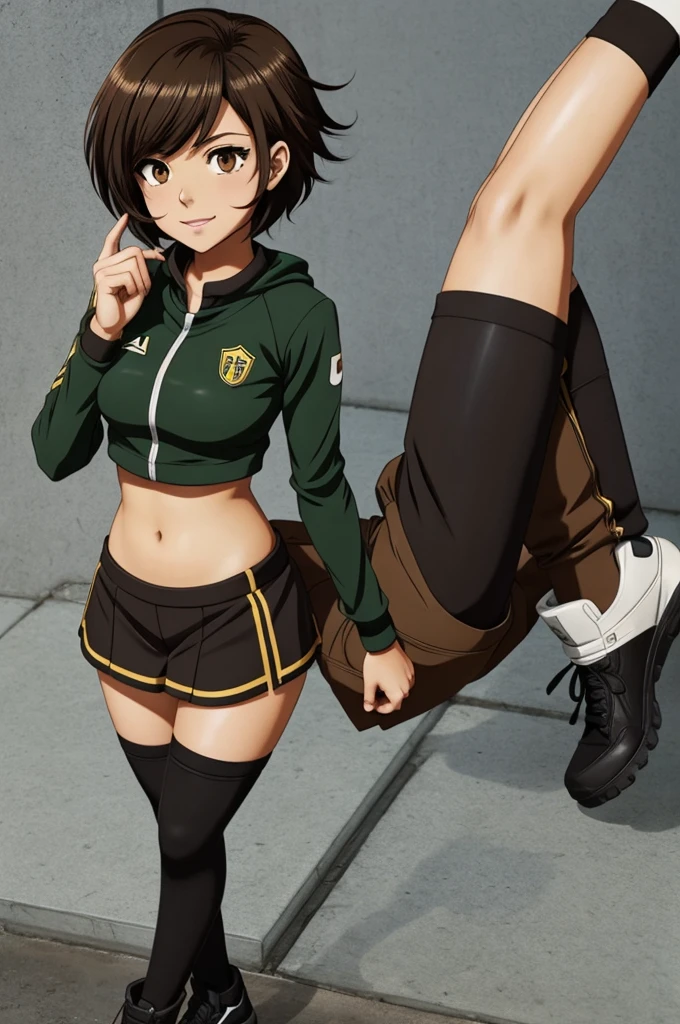 female character, BROWN SKIN, very short hair with black bangs, Brown eyes, full body with the U uniform.A, from the anime my Hera academia 