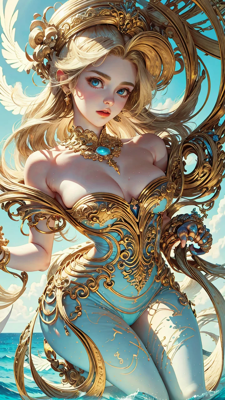 ((masterpiece, 8k, ultra quality, NSFW, full shot body, quality, official art, beautiful and aesthetic:1.2, blue theme), (1girl), (entire figure), (big breasts), golden armor, intricated detailed, (fractal art:1.3), cosmic elements, colorful, highest detailed, (green eyes, long wavy hair, blonde hair)