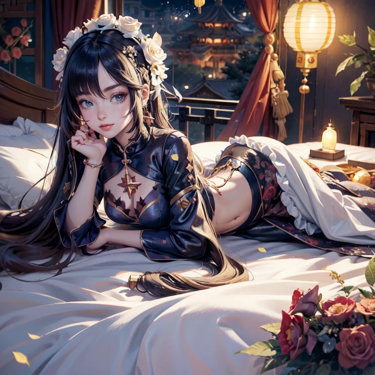 Mona_(genshin impact), 1girl, alone, white roses, ornament hair, roses on her hair, maid, maid dress, maid headdress, maid apron, black hair, long hair, laying down on the bed, bedroom scene, Chinese maid dress, gold lantern, navy dress, solo, more details on her clothes, golden details, night, smiling, coat, chinese style, solo, alone, crystal, curtains, full moon on the sky, laces, frills, sparkles, fireflies, laying down on the bed, chinese architecture on the background, white roses on the floor, bedroom scenery, solo, 1 girl, mini skirt, solo, alone