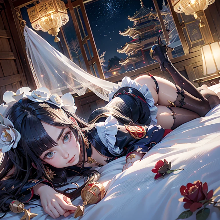 Mona_(genshin impact), 1girl, alone, white roses, ornament hair, roses on her hair, maid, maid dress, maid headdress, maid apron, black hair, long hair, laying down on the bed, bedroom scene, Chinese maid dress, gold lantern, navy dress, solo, more details on her clothes, golden details, night, smiling, coat, chinese style, solo, alone, crystal, curtains, full moon on the sky, laces, frills, sparkles, fireflies, laying down on the bed, chinese architecture on the background, white roses on the floor, bedroom scenery, solo, 1 girl, mini skirt, solo, alone