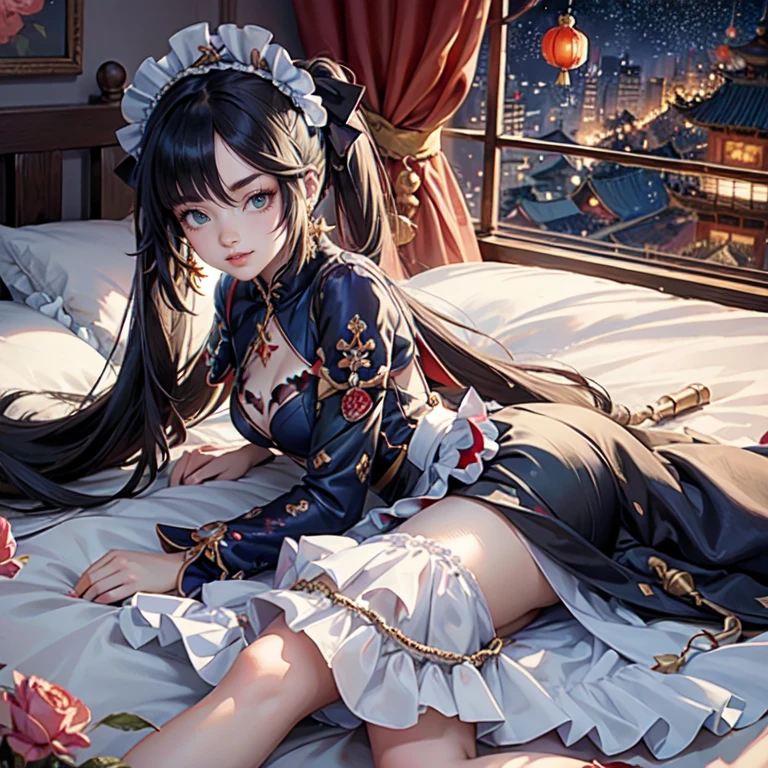 Mona_(genshin impact), 1girl, alone, white roses, ornament hair, roses on her hair, maid, maid dress, maid headdress, maid apron, black hair, long hair, laying down on the bed, bedroom scene, Chinese maid dress, gold lantern, navy dress, solo, more details on her clothes, golden details, night, smiling, coat, chinese style, solo, alone, crystal, curtains, full moon on the sky, laces, frills, sparkles, fireflies, laying down on the bed, chinese architecture on the background, white roses on the floor, bedroom scenery, solo, 1 girl, mini skirt, solo, alone