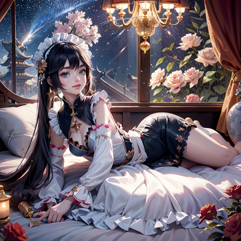 Mona_(genshin impact), 1girl, alone, white roses, ornament hair, roses on her hair, maid, maid dress, maid headdress, maid apron, black hair, long hair, laying down on the bed, bedroom scene, Chinese maid dress, gold lantern, navy dress, solo, more details on her clothes, golden details, night, smiling, coat, chinese style, solo, alone, crystal, curtains, full moon on the sky, laces, frills, sparkles, fireflies, laying down on the bed, chinese architecture on the background, white roses on the floor, bedroom scenery, solo, 1 girl, mini skirt, solo, alone