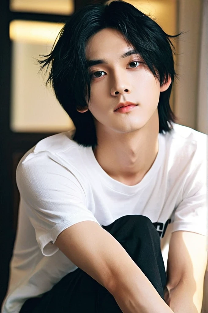 One boy、Young man with black hair(Mash Straight)((Long Hair)),With nape、Long enough to cover the earale K-Pop Idols、Levi Ackerman、Medium portrait、chop、Beautiful Model、Oval Face、Vivid、Cafe、(In a dark room)、The whole body is shown、((Full body photo))