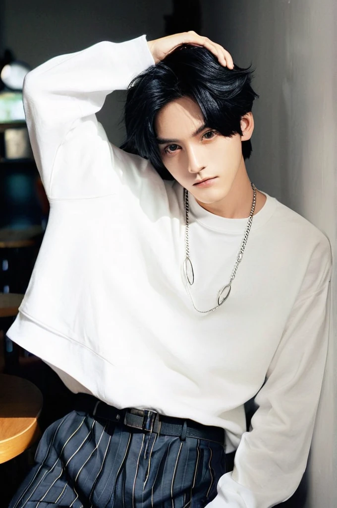 One boy、Young man with black hair(Mash Straight)((Long Hair)),With nape、Long enough to cover the earale K-Pop Idols、Levi Ackerman、Medium portrait、chop、Beautiful Model、Oval Face、Vivid、Cafe、(In a dark room)、The whole body is shown、((Full body photo))