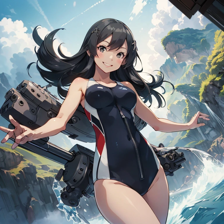 oyashio,hairclip,(masterpiece:1.4),(best quality:1.4), (amazing), (great illustration:1.4), (ultra-detailed:1.4), art CG,8K,KonishiCSA,1girl,solo,
competition swimsuit,(happy smile:1.4)
(An islands (floating:1.5) above the clouds), a river flowing from the center of the island, and a falling waterfall (looking down from directly above),
