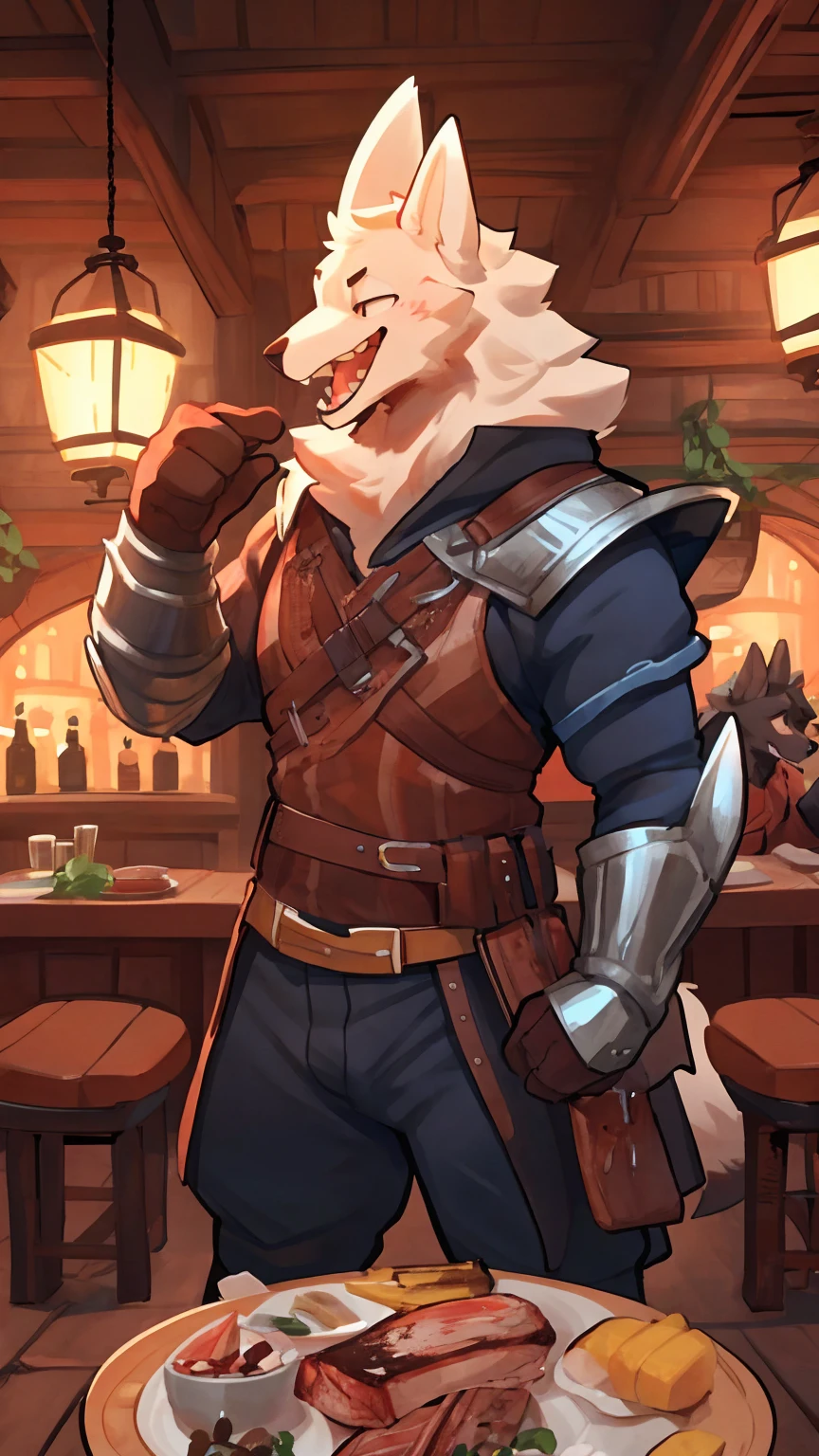 Solo, male,  in tavern, by bigcozyorca, by goonie-san, by bebebebebe, by spikedmauler, facing viewer, red, black fur, wolf, bushy tail, buff, adventurer armor, fantasy tavern background, open mouth, detailed mouth, closed mouth grin, drooling over fancy dinner, hungry expression, about to eat steak dinner.