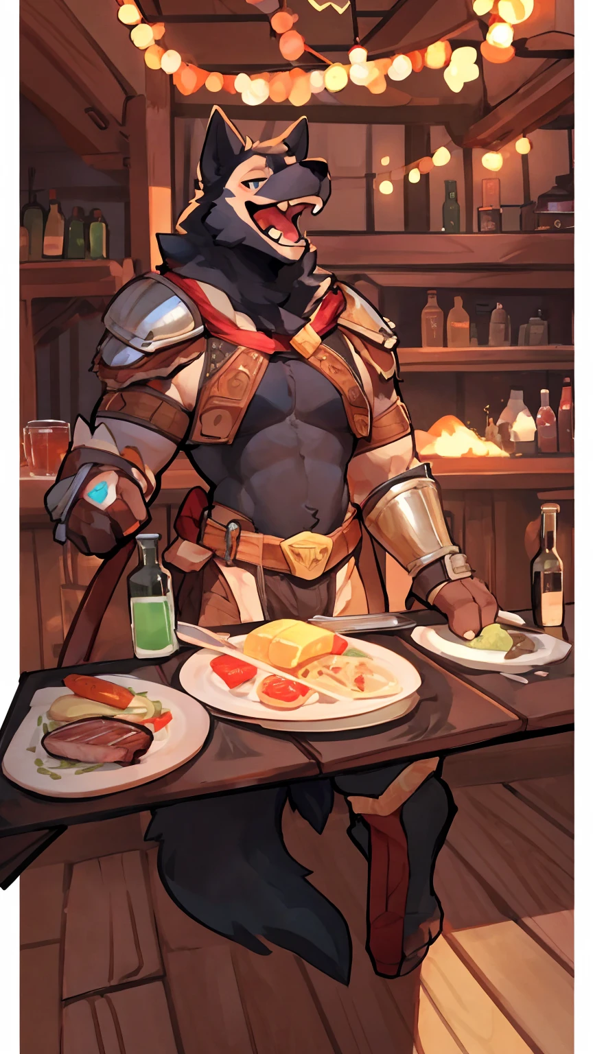 Solo, male, in tavern, by bigcozyorca, by goonie-san, by bebebebebe, by spikedmauler, facing viewer, red, black fur, wolf, bushy tail, buff, adventurer armor, fantasy tavern background, open mouth, detailed mouth, closed mouth grin, drooling over fancy dinner, hungry expression, about to eat steak dinner.