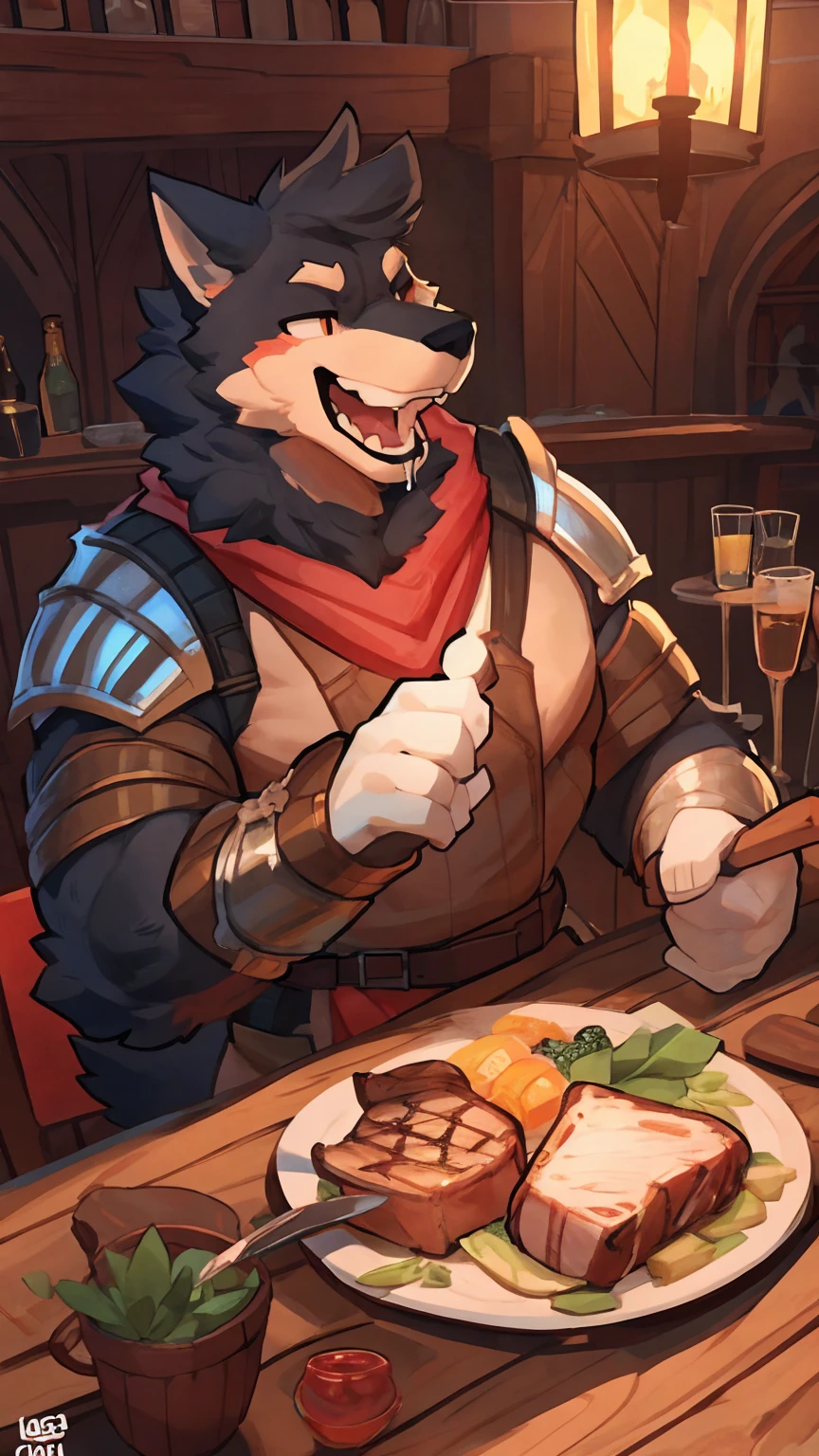 Solo, male, in tavern, by bigcozyorca, by goonie-san, by bebebebebe, by spikedmauler, facing viewer, red, black fur, wolf, bushy tail, buff, adventurer armor, fantasy tavern background, open mouth, detailed mouth, closed mouth grin, drooling over fancy dinner, hungry expression, about to eat steak dinner.