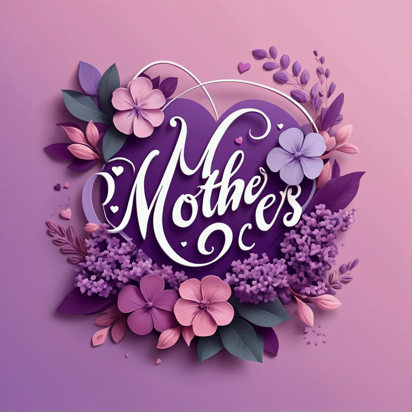 "Delicate, vector; Analogous color palette (pink, lilac, purple). Design with the phrase 'Mother's Love' in a 'cursive font'. Add a design of flowers and hearts around the phrase. Surrealist, synthwave style: central composition, simple background::2 mockup::-2 --upbeta --ar 1:1."