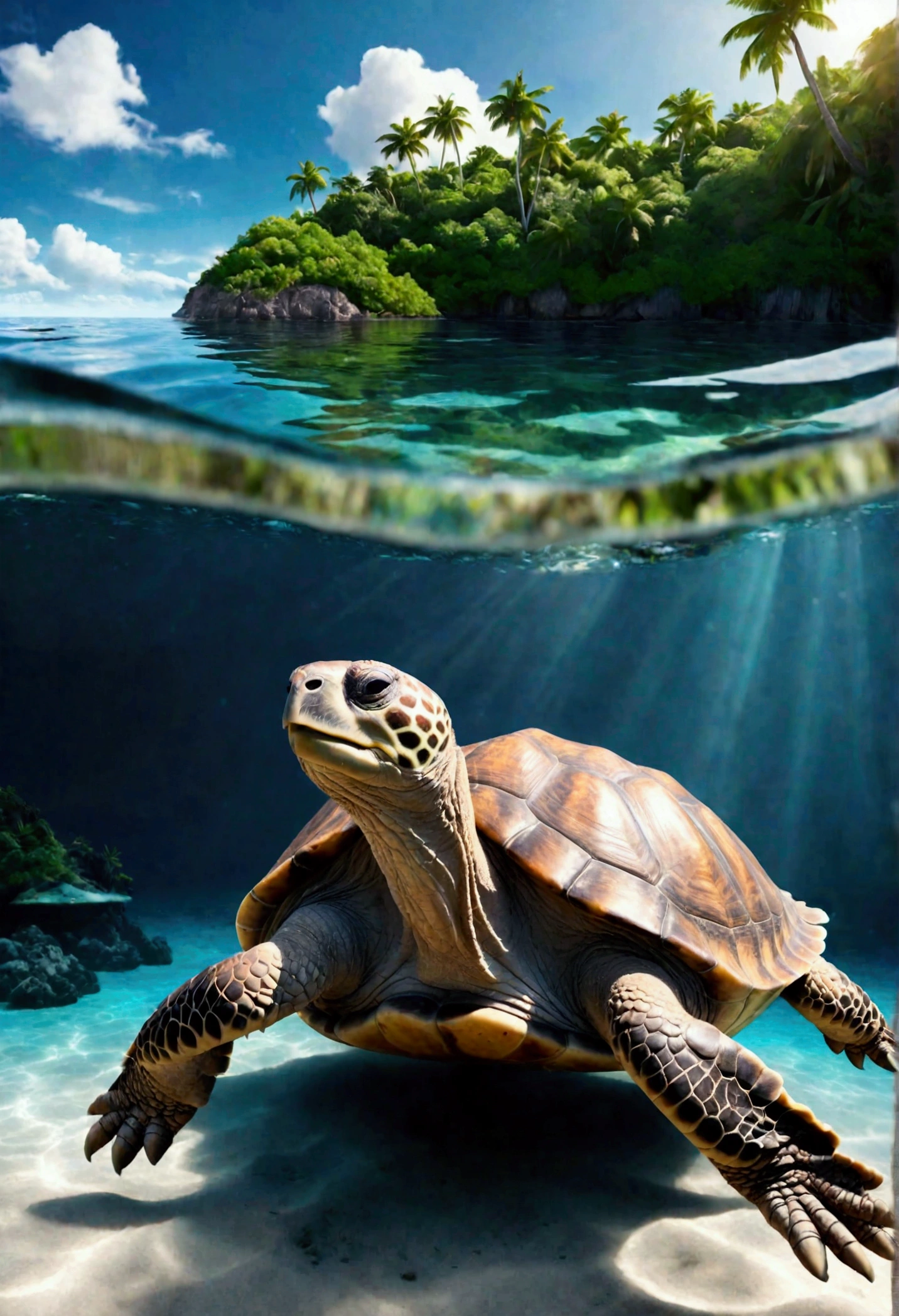 a giant tortoise swimming peacefully in a calm, tropical ocean, with a lush, verdant island resting atop its back, (best quality, 8k, highres, masterpiece:1.2), ultra-detailed, photorealistic, vibrant colors, dramatic lighting, intricate details, cinematic composition, fantasy, whimsical, awe-inspiring, serene atmosphere