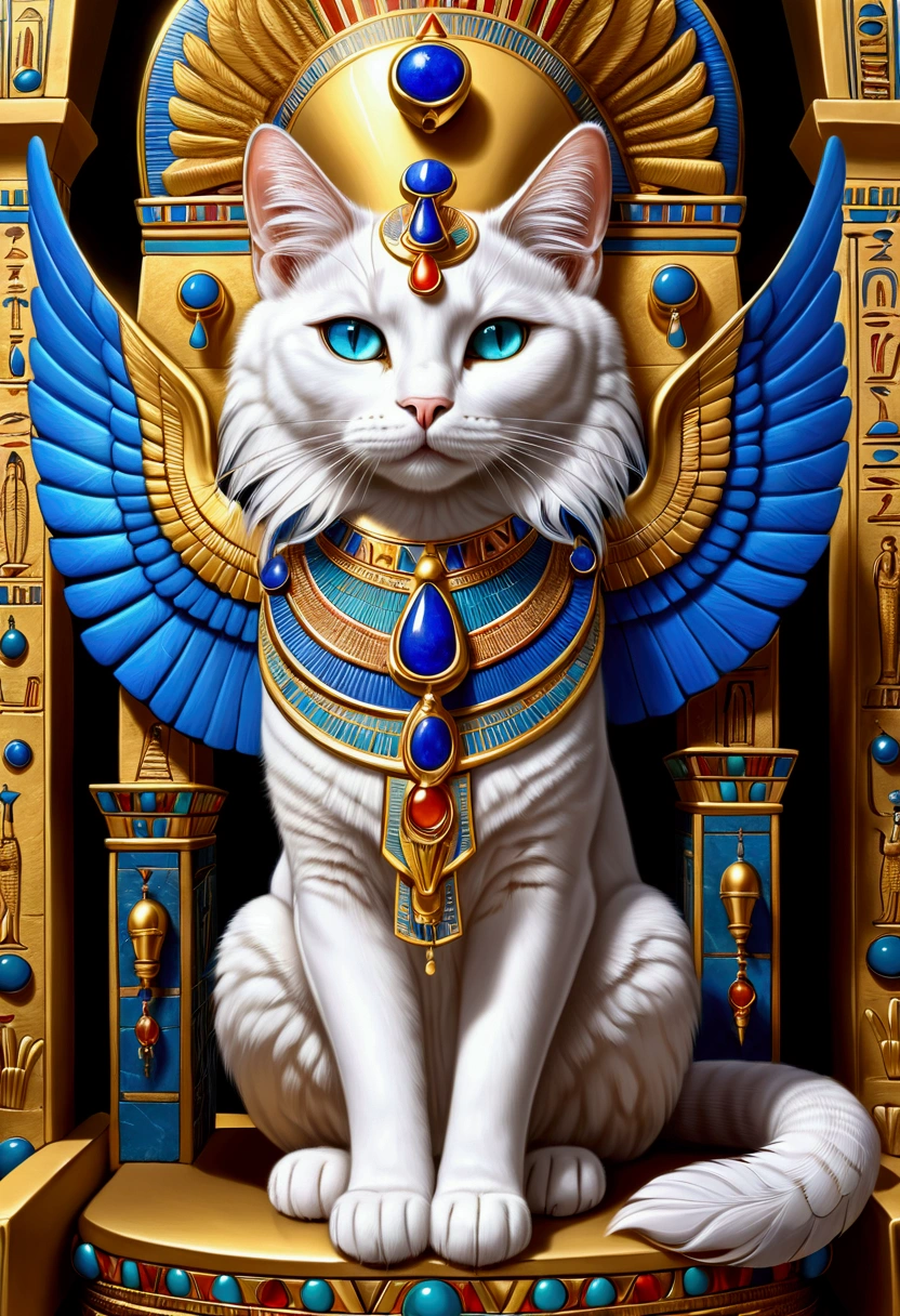 White feline Goddess (sitting upon majestic golden Egyptian throne with ornate carvings and hieroglyphs, backseat wings:1.2), (ornate collar with lapis lazuli, turquoise, carnelian:1.1), (ornate regal headdress encrusted with gems:1.1), ((divine glowing golden (cookie above head:1.2), (ornate columns with hieroglyphs), blue eyes, (soft cartoon:1.3), masterpiece in maximum 16K resolution, best quality, ultra detailed, aesthetics, absurdes.
