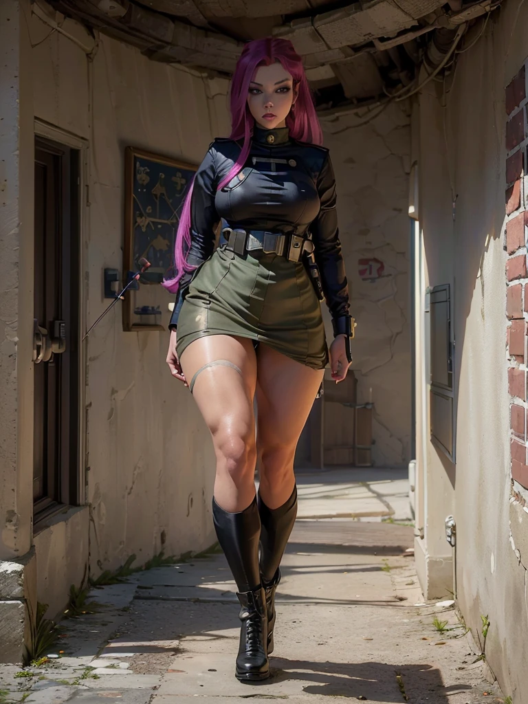 (masterpiece,highest quality,In 8K,Super detailed,High resolution,Realistic,absolutely:1.2),(A female officer of Team Rocket is walking.:1.5),(Always alone:1.5), (Wearing Team Rocket's uniform,A large red R is painted on the chest.:1.5),(cute type of woman:1.4),(Detailed facial depiction, How the bad guys laugh:1.4), (french twist hair, pale red hair:1.5),(Patent gloves hands:1.2),(wallpaper:1.5),(cowboy shot:1.5),(overlook:1.5), (20 year old Japanese woman,clothing that fits,Make your skirt very short, Black patent leather gloves, Black patent leather long boots:1.3), (secret society hideout), (camel toe:1.3), (flat chest, big butt, thick thighs:1.3), (A is being looked at from below.:1.4)