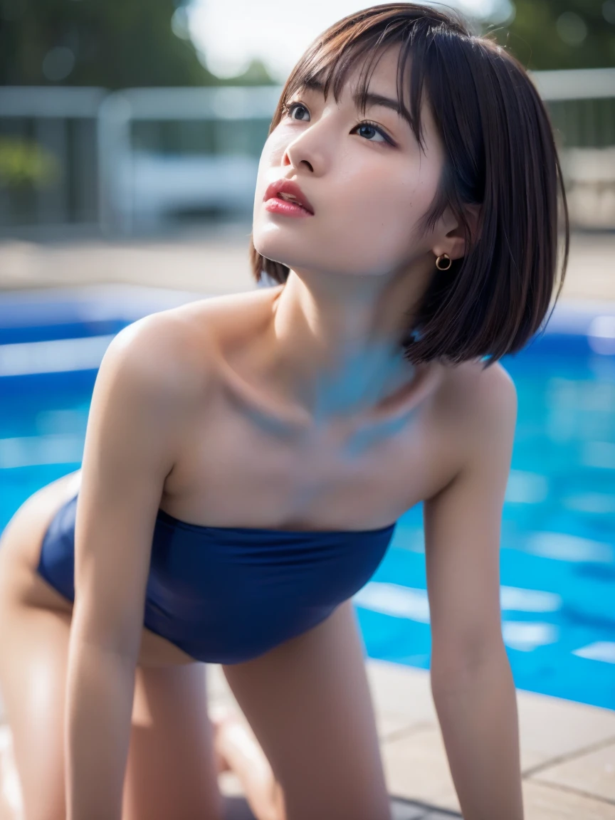 highest quality, RAW Photos, Realistic, face, Incredibly beautiful girl, cute, length Hair,ponytail，Glasses，Written boundary depth, High resolution, Super detailed, detailed, Very detaileded, extremely detaileded eye and face, Sharp pupils, Realistic students, Sharp focus, Cinema Lighting, Japanese, Short Woman,  Physical build, Short arms, length, Narrow eyes, Fleeting atmosphere, 30 years old, Brown bob hair, ((thin lips)), White top and bottom underwear, masterpiece, highest quality, Detailed skin, Detailed face, fine grain, 8k, Excellent anatomy, Upper body portrait，flat breasts, small breasts, small,( small bust: 1.2), small bust, (slim, small, flat, small), thin, Delicate and sexy collarbone, One Girl, (beautiful girl, Delicate girl:1.3), ( years old:1.3),
break, (One Piece Swimwear, Swimwear:1.2),
break, (Pool:1.3),
break, Very beautiful eyes, (Symmetrical eyes:1.3),
break, , Brown eyes, Parted bangs, Brown Hair, (Upper teeth, The best smile:0.2),
break, (Eyes and face detail:1.0),
break, (masterpiece, highest quality, Super detailed, Detailed face, 8k)